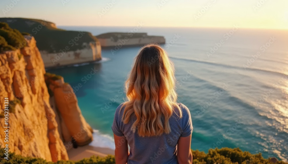 Fototapeta premium Woman Admiring the Breathtaking Ocean View from a Clifftop