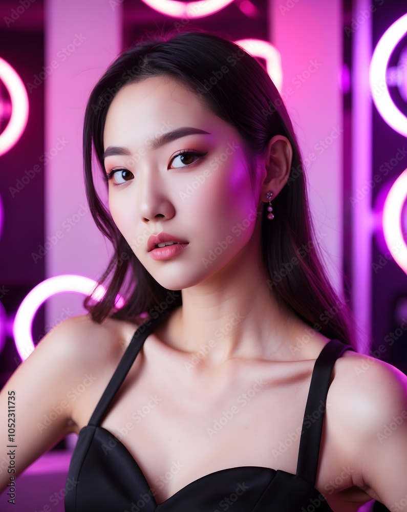 Naklejka premium Elegant Female Model in Chic Black Dress with Neon Lights
