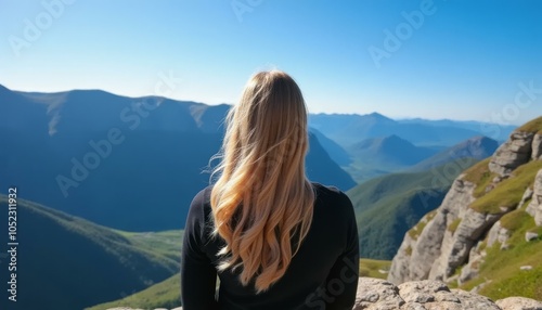 Woman Gazing at Majestic Mountain Range