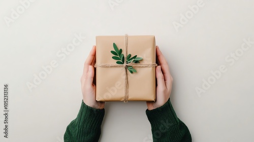 A beautifully wrapped gift held in hands, adorned with a green sprig, perfect for celebrations and special occasions.