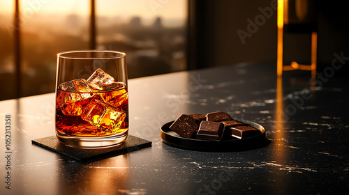 Glass of whiskey with ice and chocolate on a marble table in warm evening light. photo