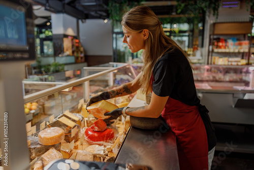 Schilderij op canvas A highly skilled vendor is thoughtfully serving an impressive variety of gourmet