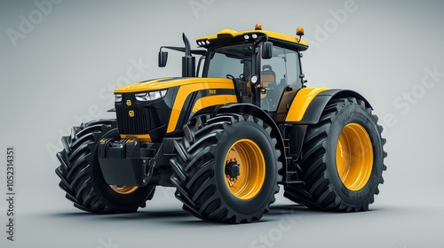 Modern yellow tractor with large tires on a gray background