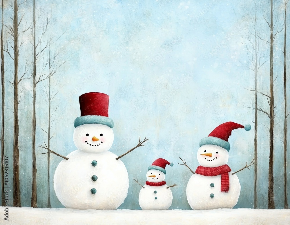 A forest scene with pine trees stretching into the distance, with a snowman family in the foreground and space below for seasonal greetings. A forest scene with pine trees stretching into the distance, with a snowman family in the foreground and space below for seasonal greetings.