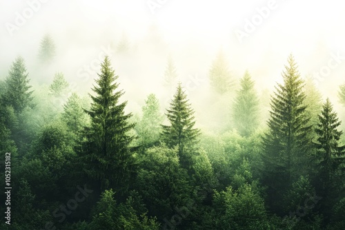 Evergreen forest in morning, a peaceful morning scene of an evergreen forest, with soft light and dew-covered foliage, creating a serene atmosphere,