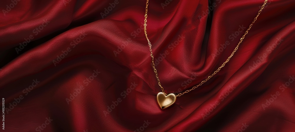 Elegant Valentine's Day Banner with Gold Heart Necklace on Red Silk for Romantic Design Elegant Valentine's Day Banner with Gold Heart Necklace on Red Silk for Romantic Design