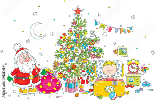 Santa Claus with his magical bag full of holiday gifts for a little boy sleeping in a nursery room with a decorated green fir on a Christmas night, vector cartoon illustration on white