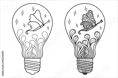 Butterfly inside a light bulb, antistress coloring in doodle style