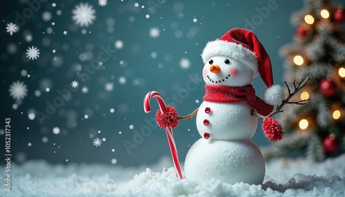 Snowman with a carrot nose, hat, scarf, coal buttons and stick arms standing outside on a winter's day.