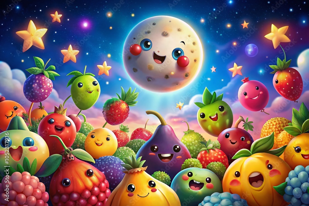 Cheerful Cartoon Fruits with Smiling Faces for Playful Designs and Children's Products