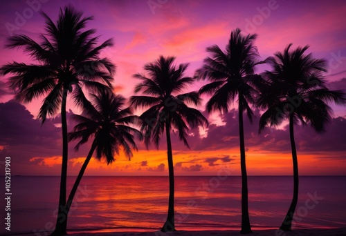 vibrant silhouette tropical palm trees stunning sunset backdrop displaying shades purple, orange, pink, sky, clouds, nature, landscape, evening, plants, art