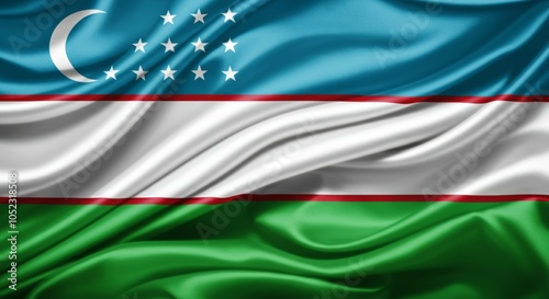 Uzbekistan national flag with crescent and stars on silk texture.