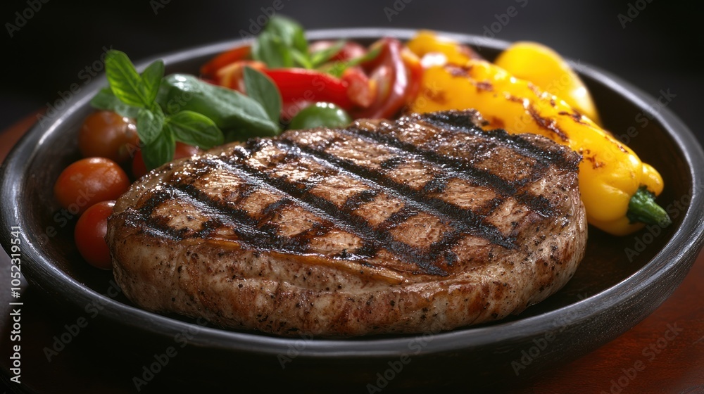 A grilled steak served on a platter with colorful vegetables. A grilled steak served on a platter with colorful vegetables.