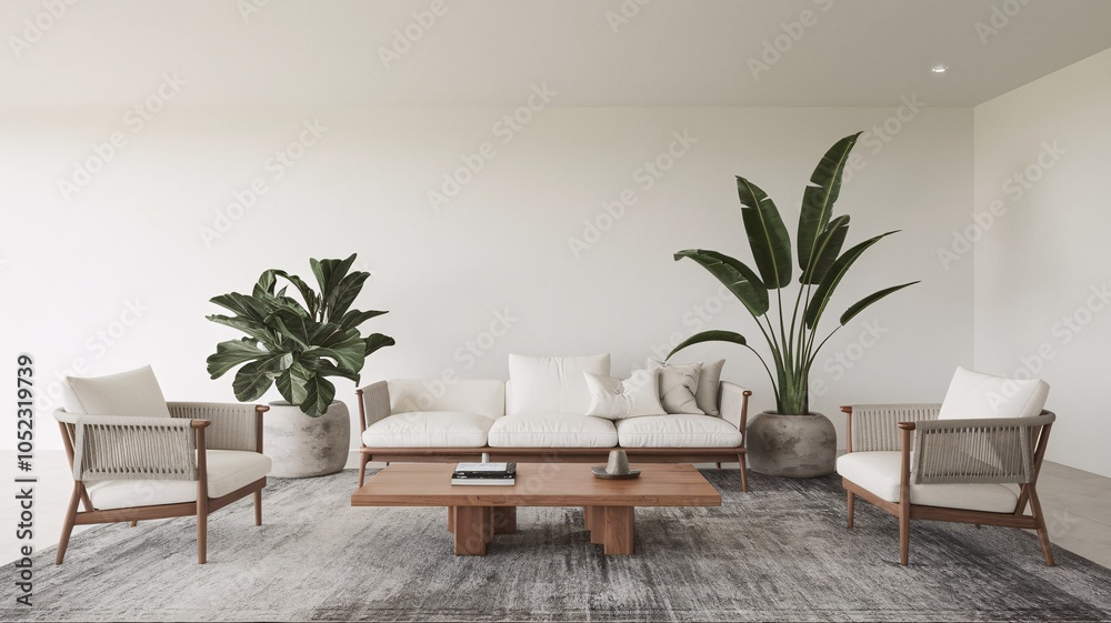 Fototapeta premium Minimalist living room, Minimalist living room with white sofa, armchairs, wooden coffee table, and plants on rug.