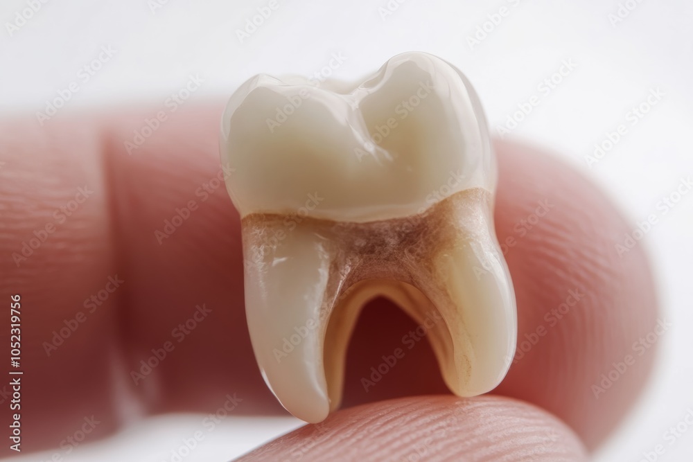 Extracted tooth in hand, an image of an extracted tooth held in the hand, showcasing its full structure, including the root,