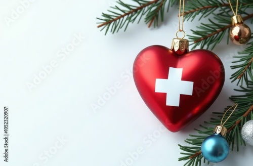 Heart-shaped Christmas ornament with medical cross on a white background. Medicine, healthcare, cardiology concept. Design for greeting card, invitation, poster, banner. Copy space