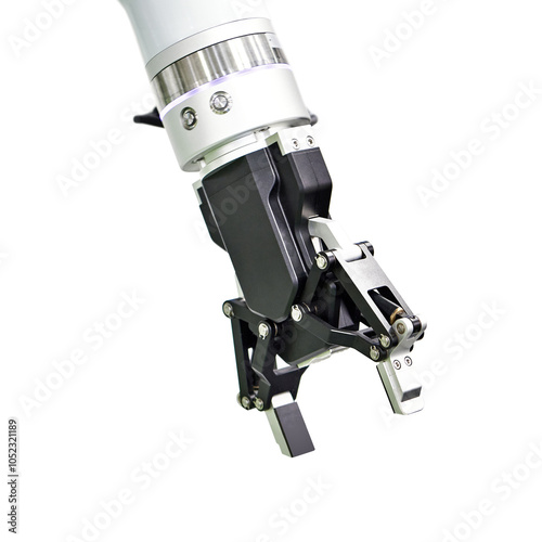 Linkage type adaptive electric gripper robotics arm isolated on white photo