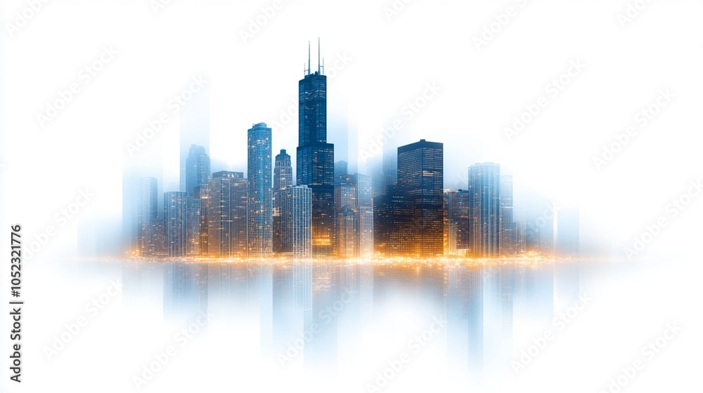 Fototapeta premium Chicago skyline at night, showcasing illuminated buildings with a white background.
