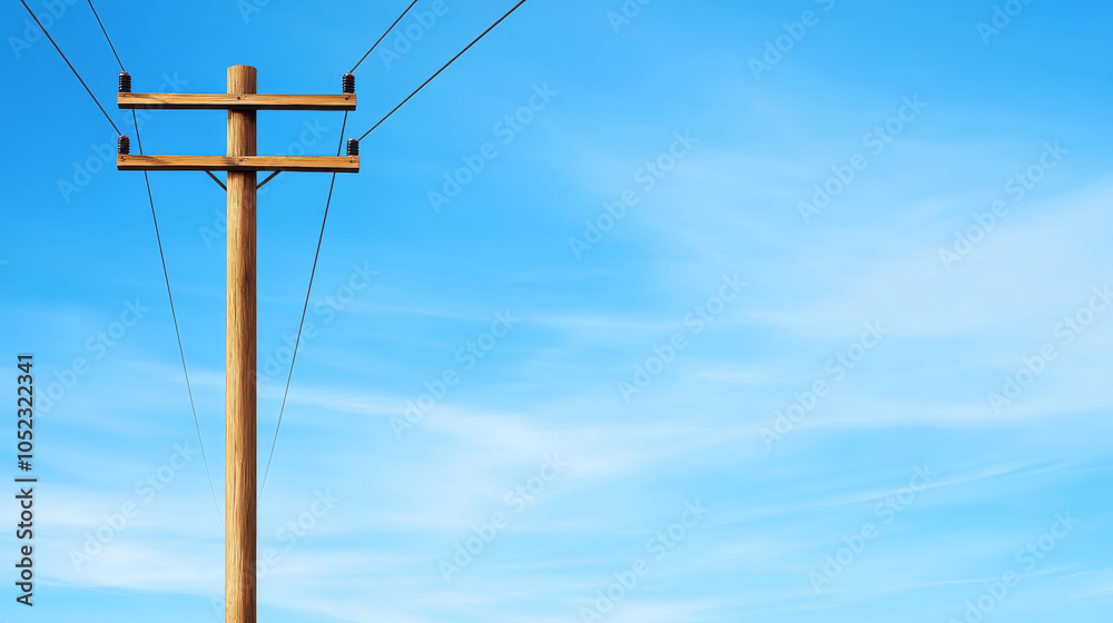 Electricity infrastructure with power distribution line under a sunny blue sky and light clouds Electricity infrastructure with power distribution line under a sunny blue sky and light clouds