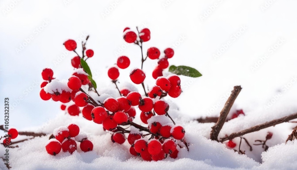 A winter scene: red Cotoneaster berries amidst freshly fallen snow, set against a white background. Generated with AI. A winter scene: red Cotoneaster berries amidst freshly fallen snow, set against a white background. Generated with AI.