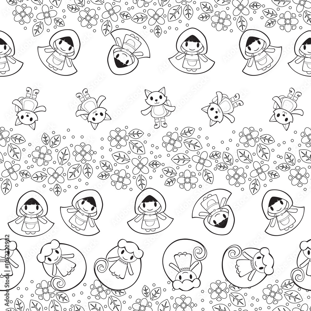 Cute and Minimalistic Fairy Tale Line Art Illustration Repeat Pattern Design for Coloring Page
Cute and Minimalistic Fairy Tale Line Art Illustration Repeat Pattern Design for Coloring Page