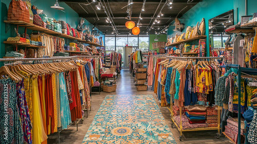 Colorful Clothing Boutique Interior With Patterned Floor photo