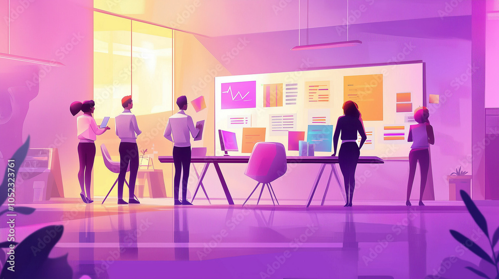 Diverse team collaborating in a vibrant office with creative projects showcased on the wall Diverse team collaborating in a vibrant office with creative projects showcased on the wall