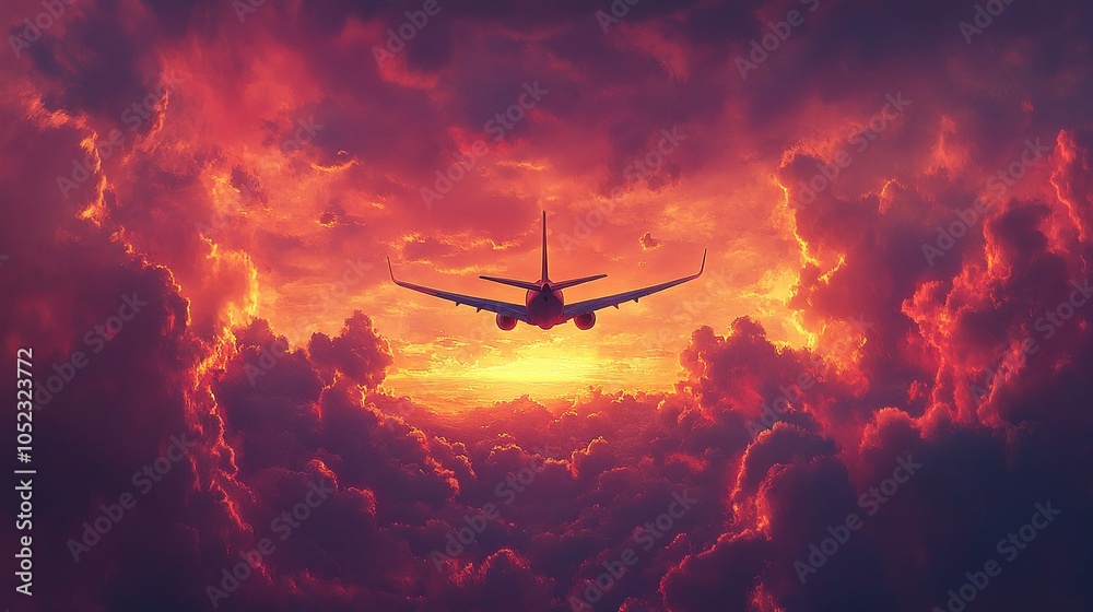 Naklejka premium plane flying in the sky at sunset, surrounded by colorful clouds, gliding through the air with a sense of adventure, freedom, and exploration of new lands