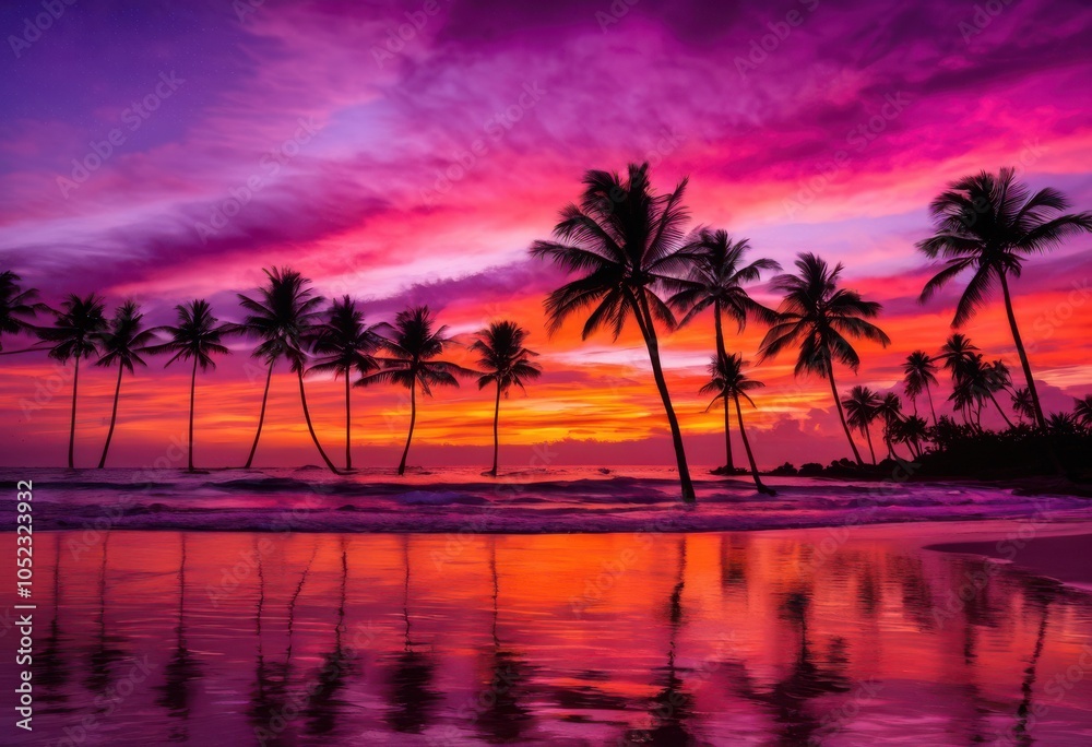 Obraz premium stunning tropical palm trees silhouetted vibrant colorful sunset sky dusk, beach, landscape, seascape, nature, scenic, outdoor, travel, vacation, shoreline