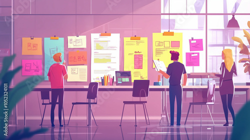 Team brainstorming session using sticky notes and posters in a bright office space