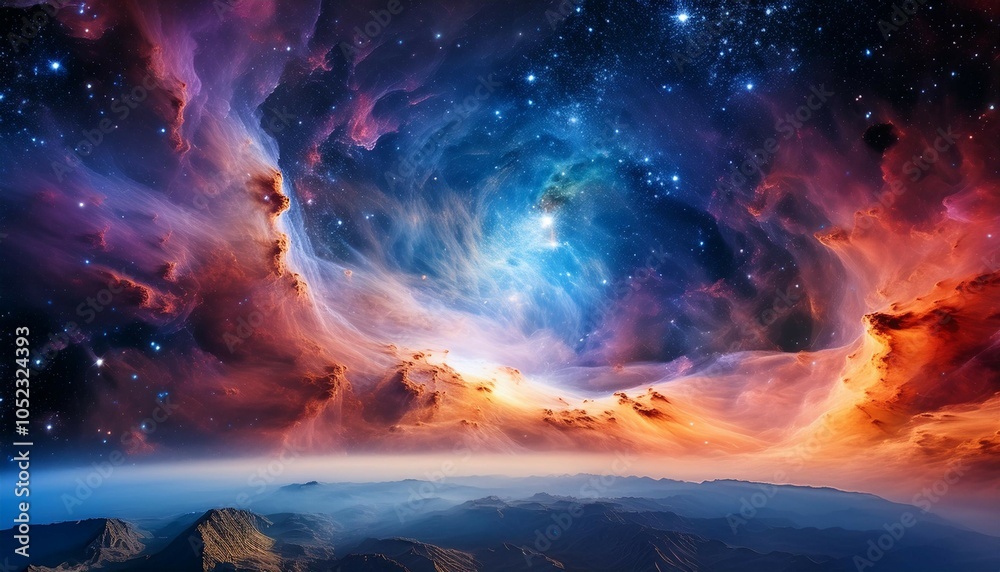 Naklejka premium a colorful nebula illuminates deep space surrounded by countless twinkling stars revealing the wonders of the universe