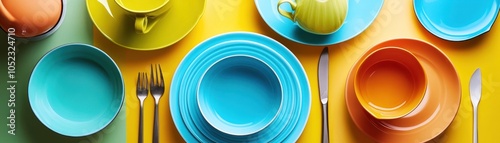 A vibrant arrangement of colorful plates and utensils on a table.