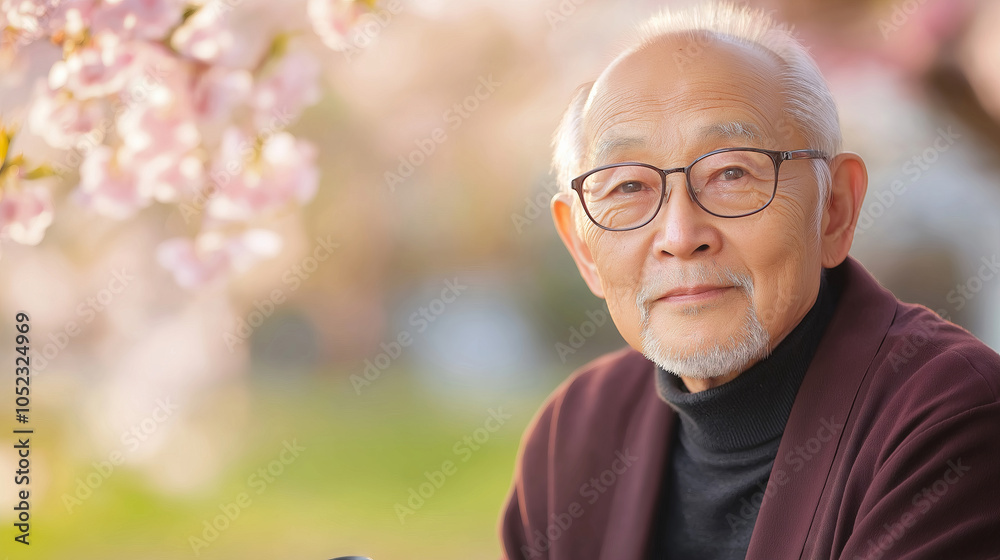 Elderly japanese man happily admiring cherry blossoms in spring Elderly japanese man happily admiring cherry blossoms in spring