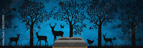 Black silhouettes of deer  trees  and birds on a blue background  creating a peaceful forest scene    photo