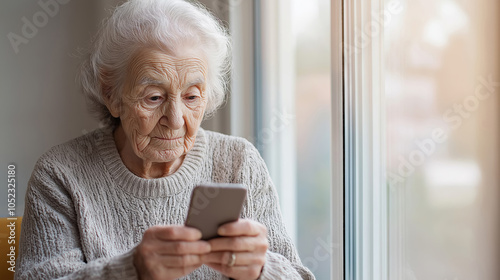 Senior woman using her smartphone at home, engrossed in the digital world, connecting with loved ones or staying updated on news