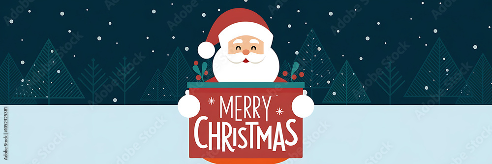 Cheerful Santa Claus in red and white holding a red sign with the words Merry Christmas in a snowy forest   