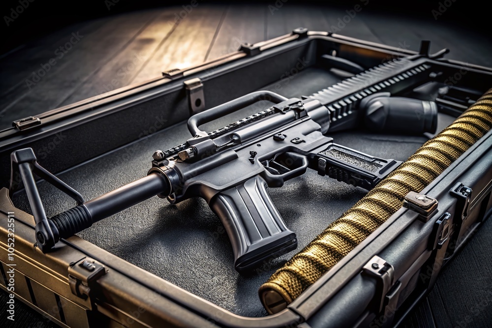 Closeup of M4A1 AR15 Assault Rifle with 556 Bullets in a Black Case - Military Equipment Product Photography Closeup of M4A1 AR15 Assault Rifle with 556 Bullets in a Black Case - Military Equipment Product Photography