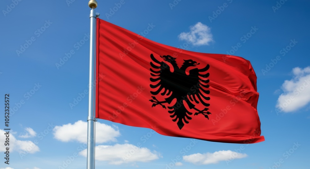 Albanian national flag waving against blue sky with clouds. Albanian national flag waving against blue sky with clouds.