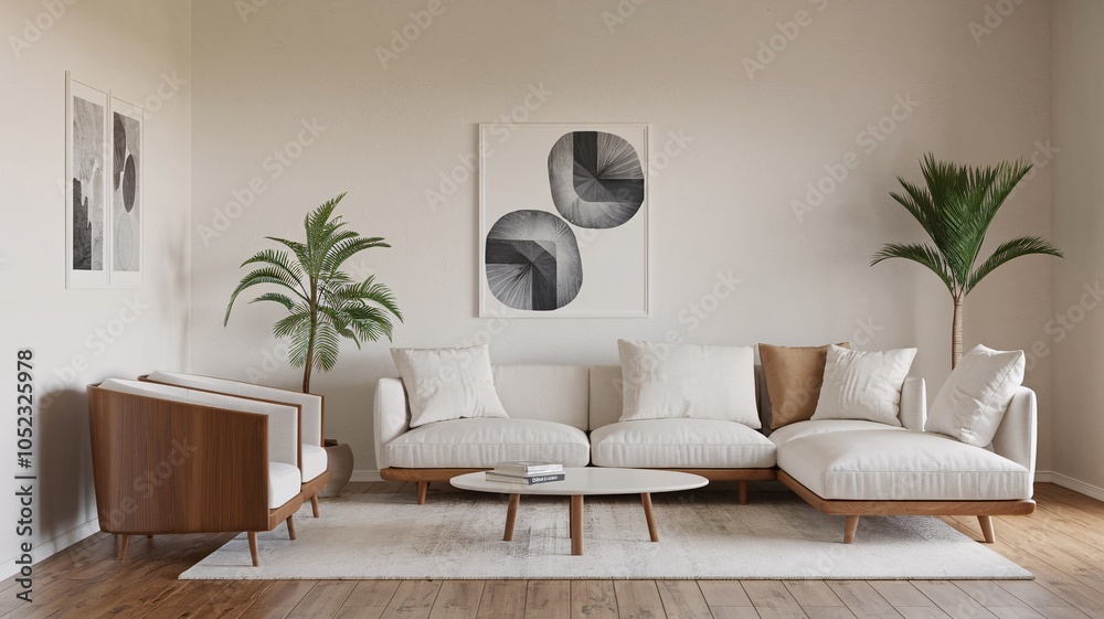 Fototapeta premium Minimalist living room, Minimalist living room interior with white sectional sofa, wooden armchairs, and abstract artwork.