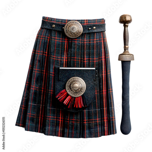 A red and black skirt with a black bag