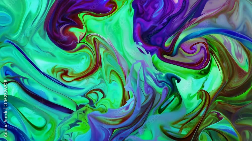 A swirling, vibrant smoke-like shapes in vivid greens, blues, and purples, creating a mesmerizing anda continuously shifting abstract pattern.
