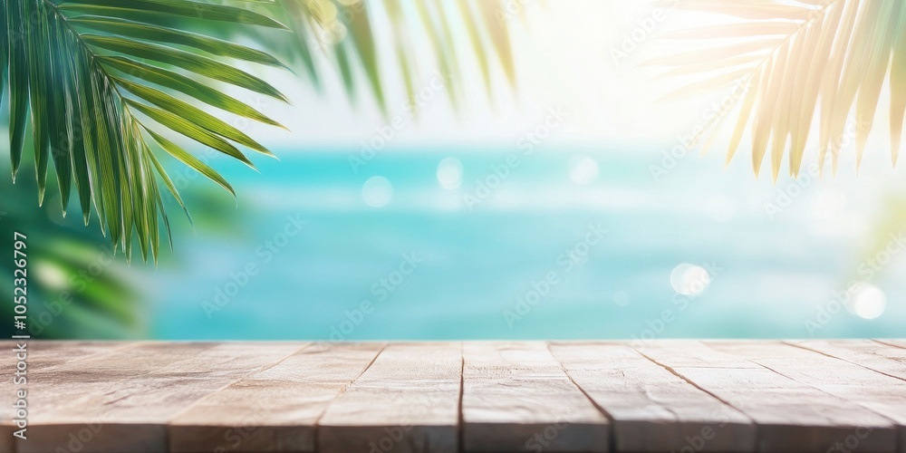 Fototapeta premium Summer background with a wooden table top and a tropical beach, palm tree leaves on a sea-blue ocean, and a sunlight bokeh effect.