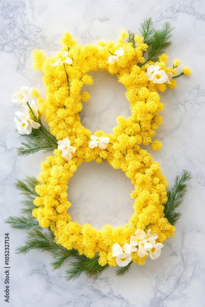 A flower arrangement in the shape of the number 8. The flowers are yellow and white, and there are leaves and stems as well. The arrangement is on a marble surface, and it looks like a creative A flower arrangement in the shape of the number 8. The flowers are yellow and white, and there are leaves and stems as well. The arrangement is on a marble surface, and it looks like a creative
