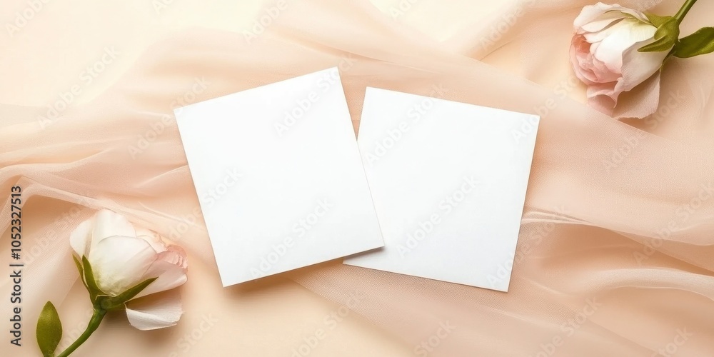 Two blank white cards on top of beige tulle fabric with beige color roses Two blank white cards on top of beige tulle fabric with beige color roses