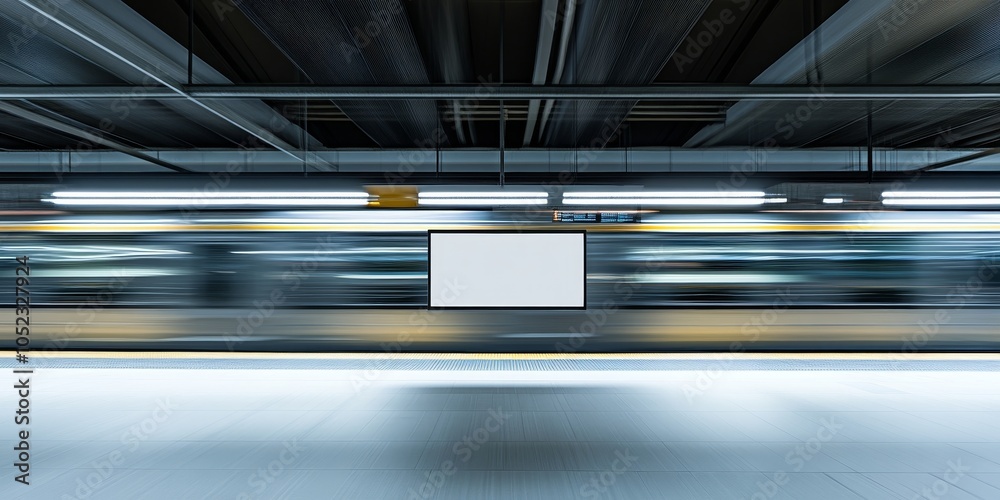 Minimalist subway poster mockup surrounded by industrial architecture and blurred trains for design banner Minimalist subway poster mockup surrounded by industrial architecture and blurred trains for design banner