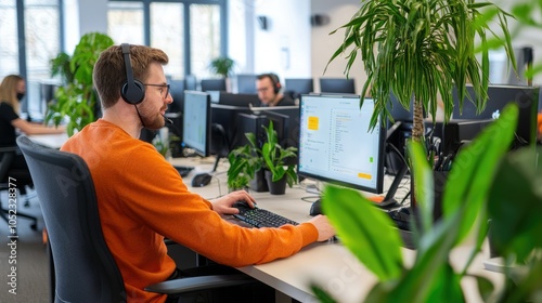 Modern Office Space with Green Plants and Workstations