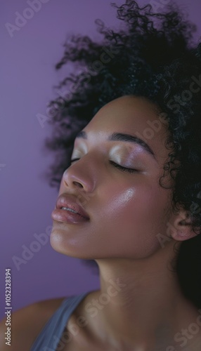 Serene Young Woman with Calm Expression on Lavender Background for Inner Peace Concept
