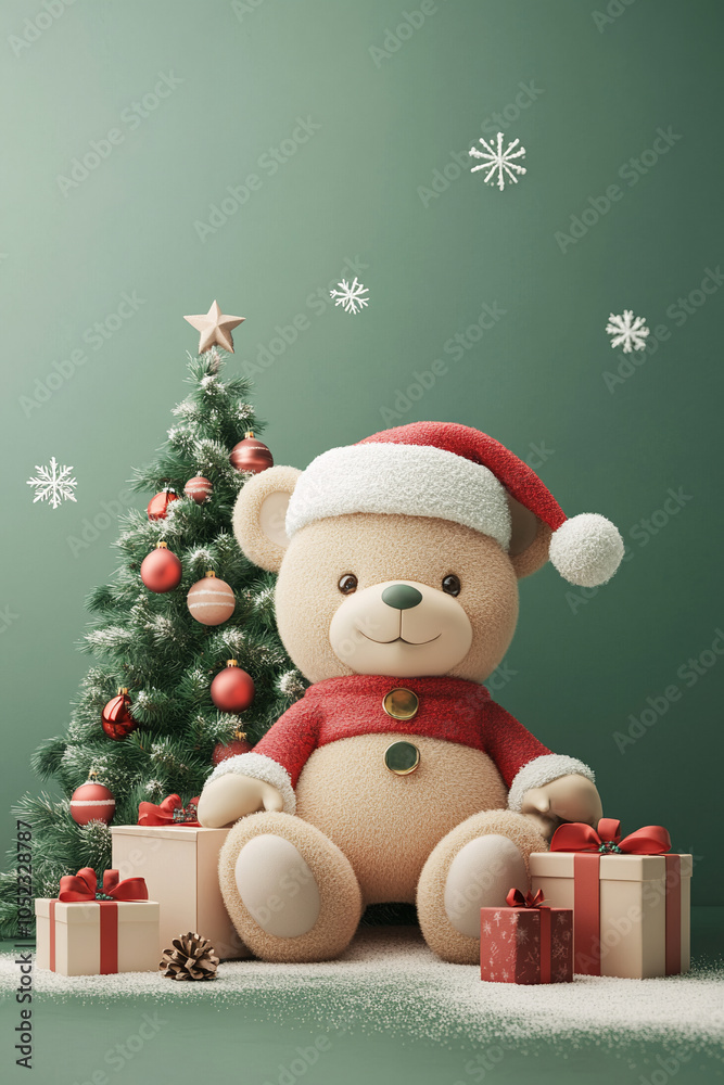 Fototapeta premium Christmas teddy bear wearing santa hat with christmas tree and gift box background