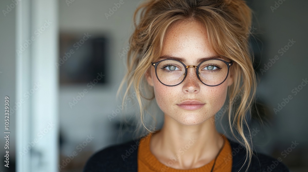 A young woman with glasses and a casual hairstyle poses quietly indoors in a well-lit living space during the day A young woman with glasses and a casual hairstyle poses quietly indoors in a well-lit living space during the day