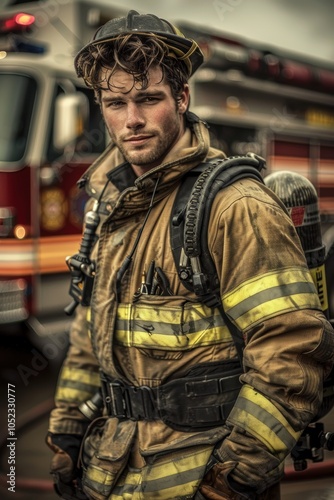 Brave Firefighter in Action-Ready Gear Near Fire Truck for Emergency Response Visuals